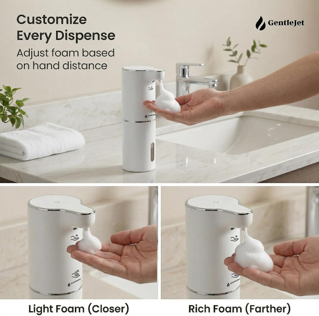 GentleJet JetFoam Automatic Foam Soap Dispenser Touchless Sensor, USB-C Rechargeable, Adjustable Output, IPX5 Waterproof, 300 ml, Bathroom & Kitchen Countertop