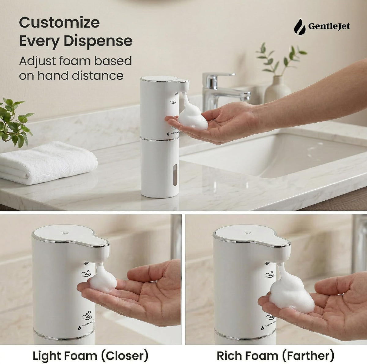 GentleJet JetFoam Automatic Foam Soap Dispenser Touchless Sensor, USB-C Rechargeable, Adjustable Output, IPX5 Waterproof, 300 ml, Bathroom & Kitchen Countertop