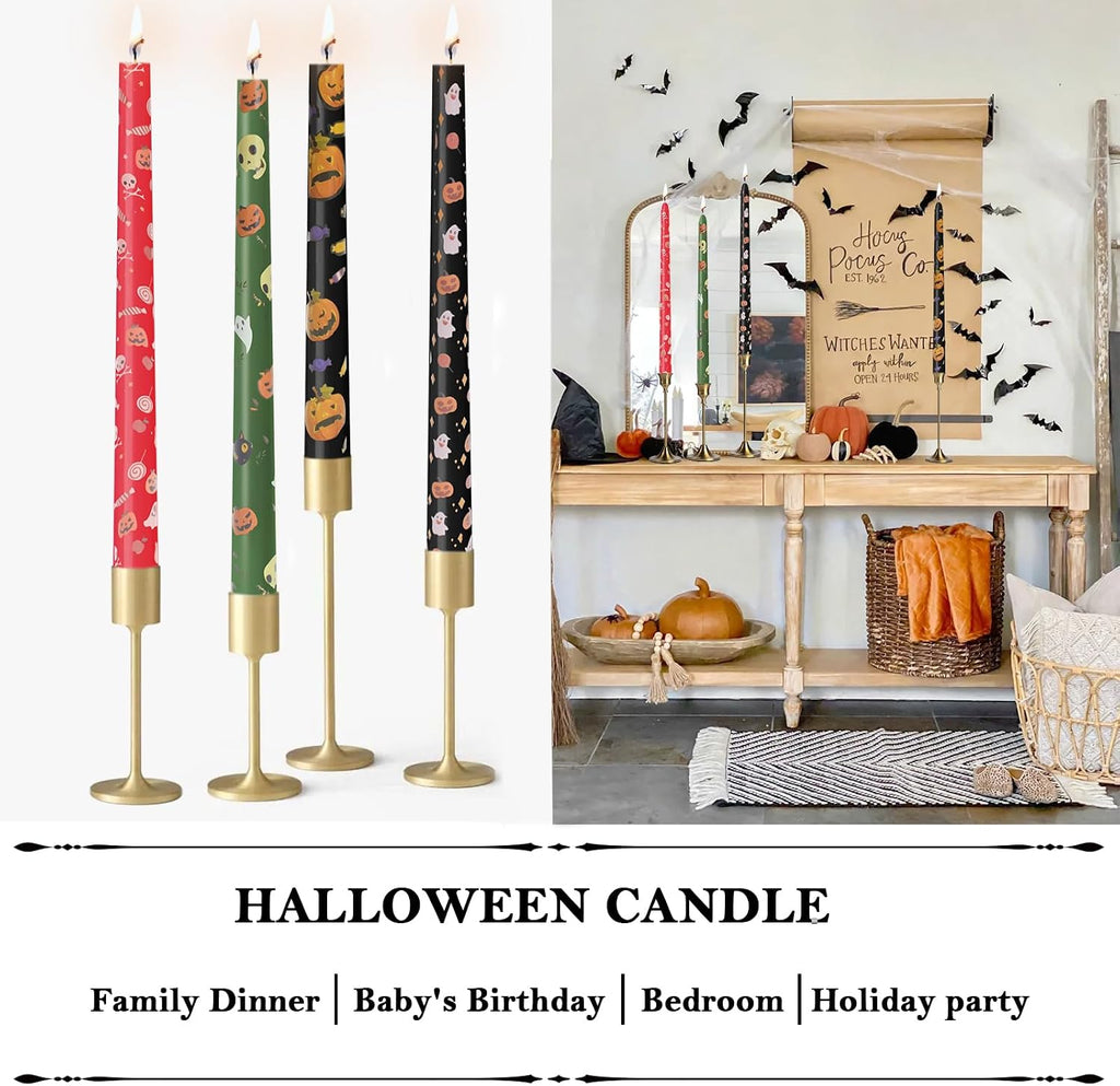 Halloween Candles Set | 4 Pack Printed Floral Candles - Unscented and Smokeless Tall Candlesticks for Home Décor Halloween and Fall Harvest Dinner