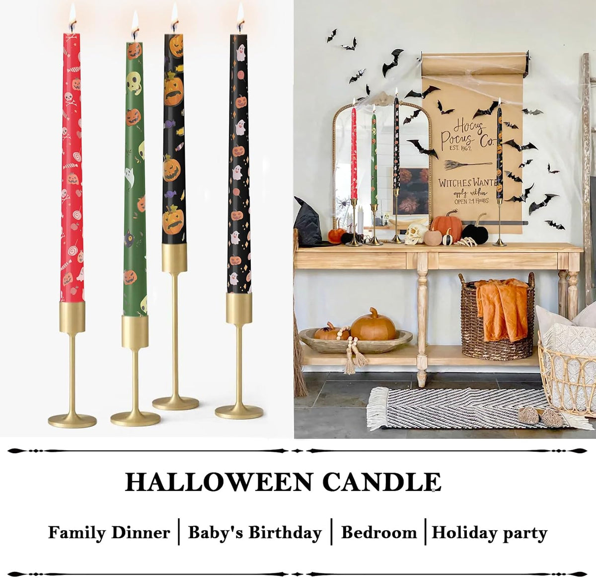 Halloween Candles Set | 4 Pack Printed Floral Candles - Unscented and Smokeless Tall Candlesticks for Home Décor Halloween and Fall Harvest Dinner