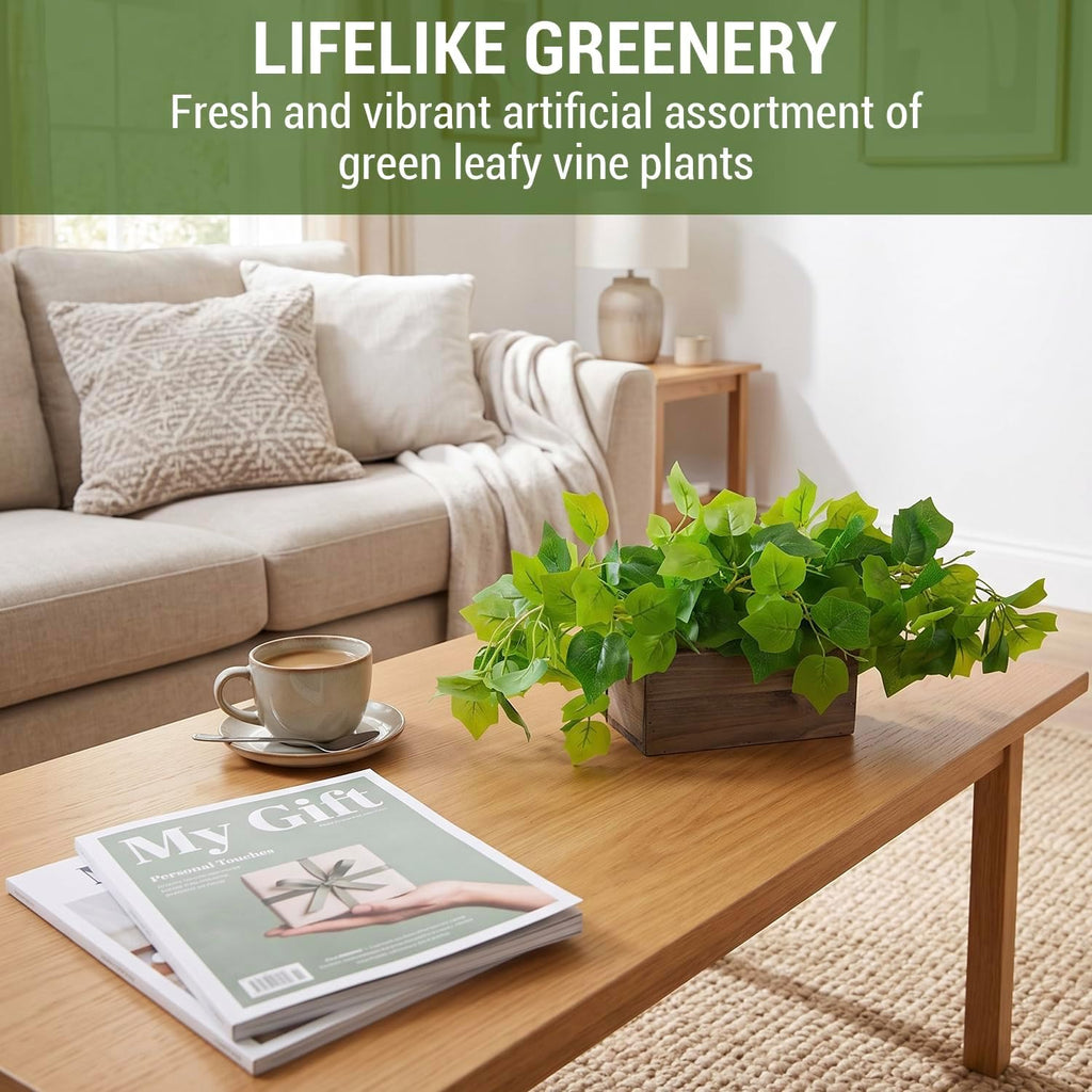 MyGift Artificial Grape Leaf Vine, Rustic Brown Wood Planter Box