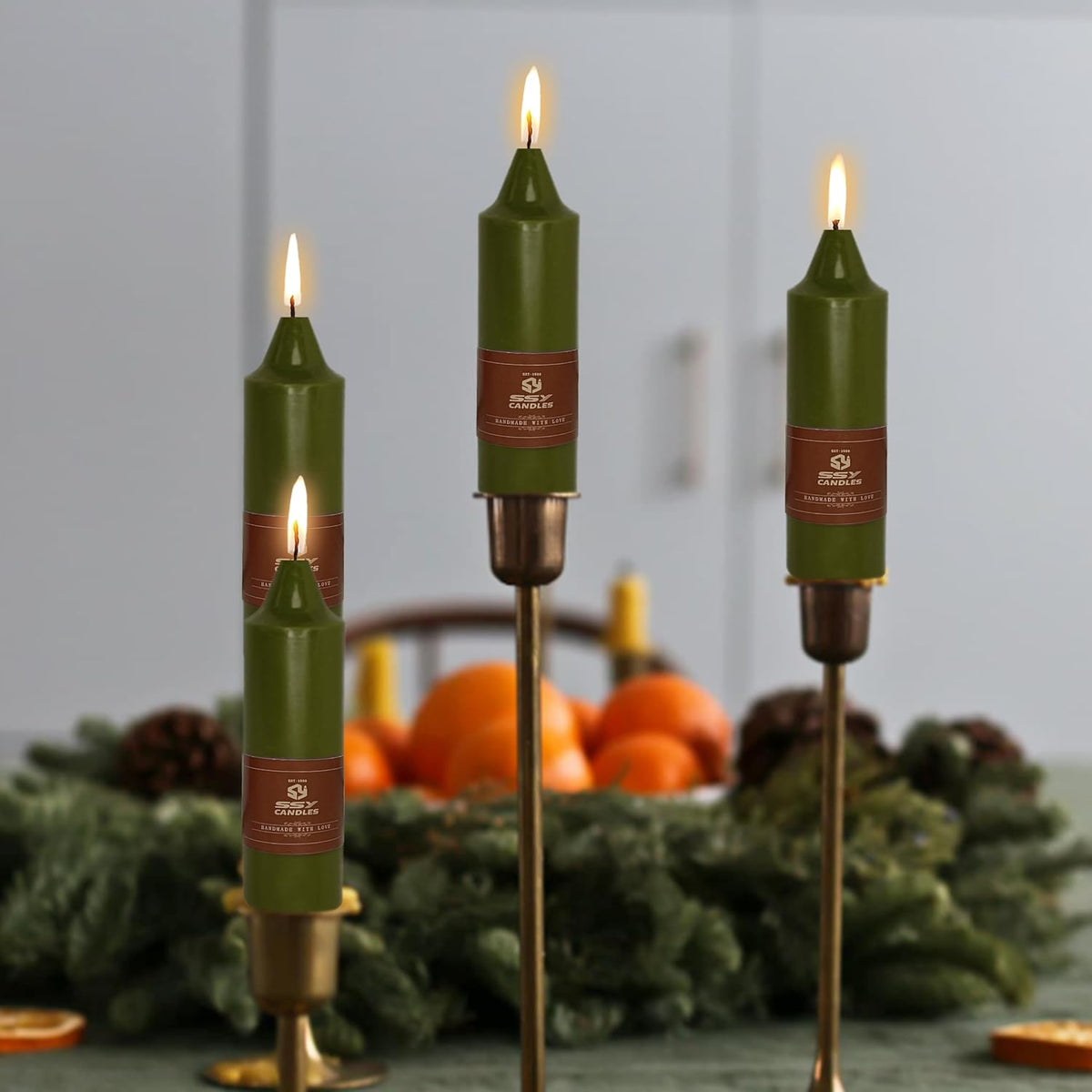 Olive Short Taper Candle Candle Sticks, 5 Inch Mini Pillar Candles, 4PCS Handmade Unscenteds Candlesticks for Holidays Church Christmas Celebration Party Decor