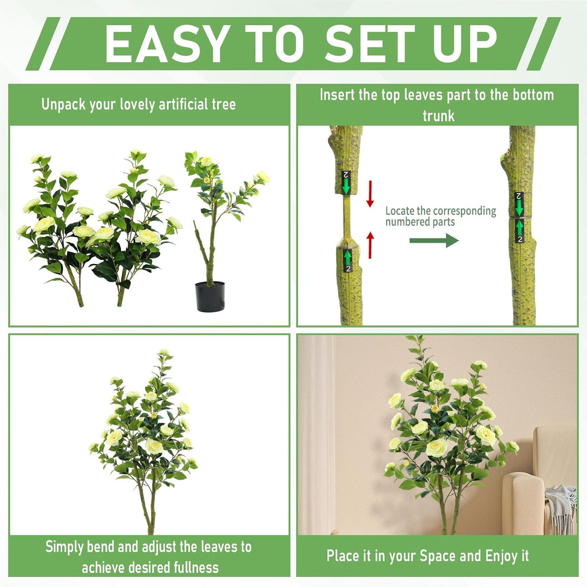 Artificial Camellia Tree, 4FT White Faux Camellia Plant Indoor, Realistic Artificial Tree with Flowers for Home Office Living Room Bedroom Outdoor Porch Patio Yard Garden Housewarming Decor