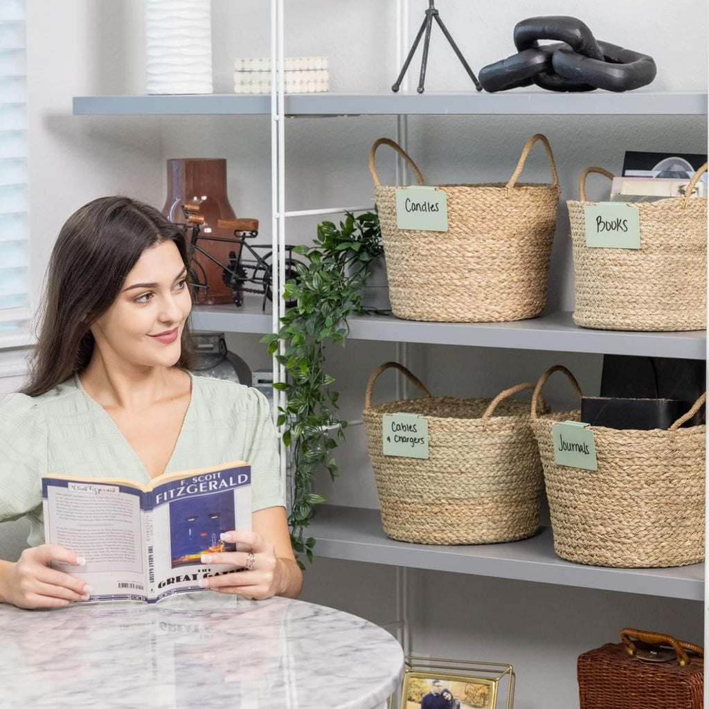 Hygge & Sage: Metal Non-Slip Basket Labels Clip On for Storage Bins, or Wire Racks | Includes 8 Labels, 8 Non-Slip Pads, and 2 Free Markers (Sage Green)