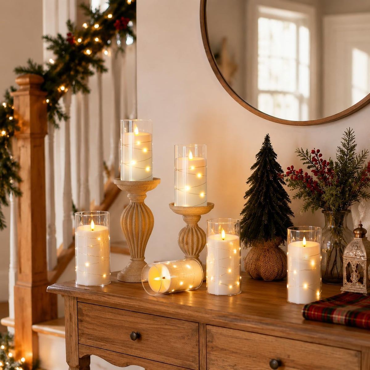 Flickering Flameless Candles with Remote Timer, 6pcs LED Battery Operated Candles with Embedded String Lights White, D3 H6