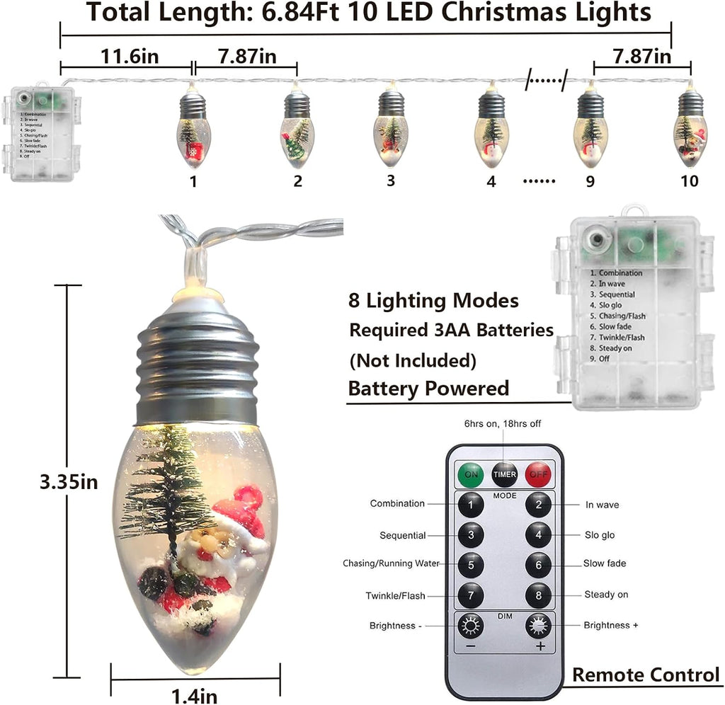 Christmas Lights 6.8Ft LED Christmas Tree Snow Globe Light 10 Shatterproof Edison Bulbs Battery Operated Light with Remote Timer, String Lights Indoor for Bedroom Porch Garden Party Xmas Decor