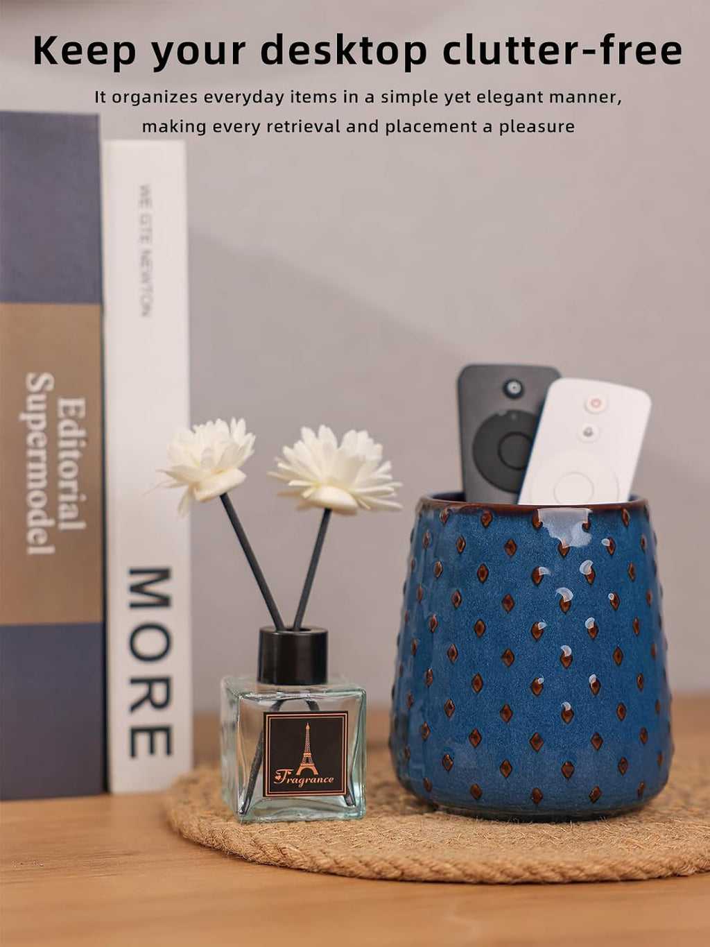 GDCZ Ceramic TV Remote Control Holder, Makeup Brush Pen Holder (Blue)