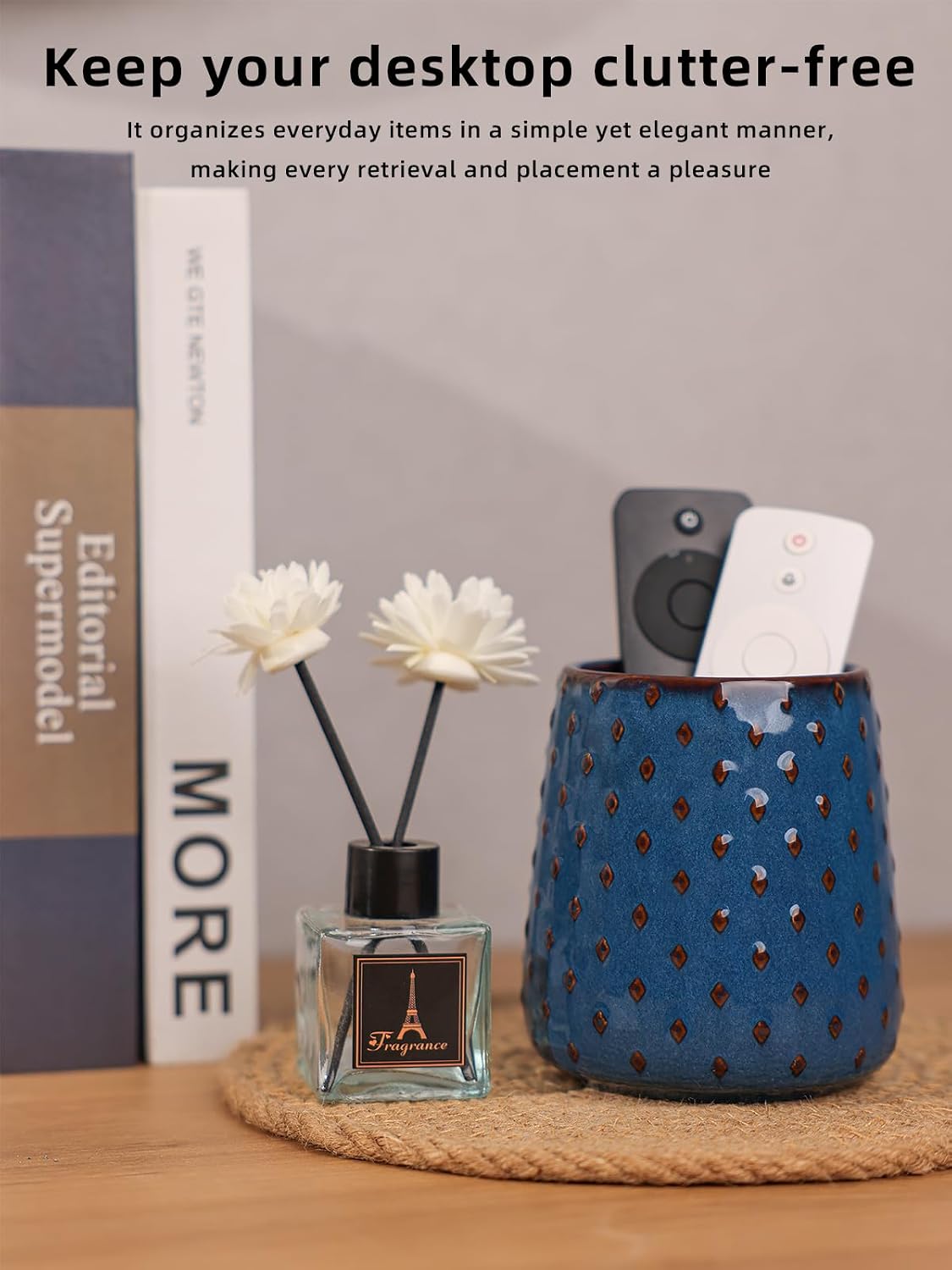 GDCZ Ceramic TV Remote Control Holder, Makeup Brush Pen Holder (Blue)