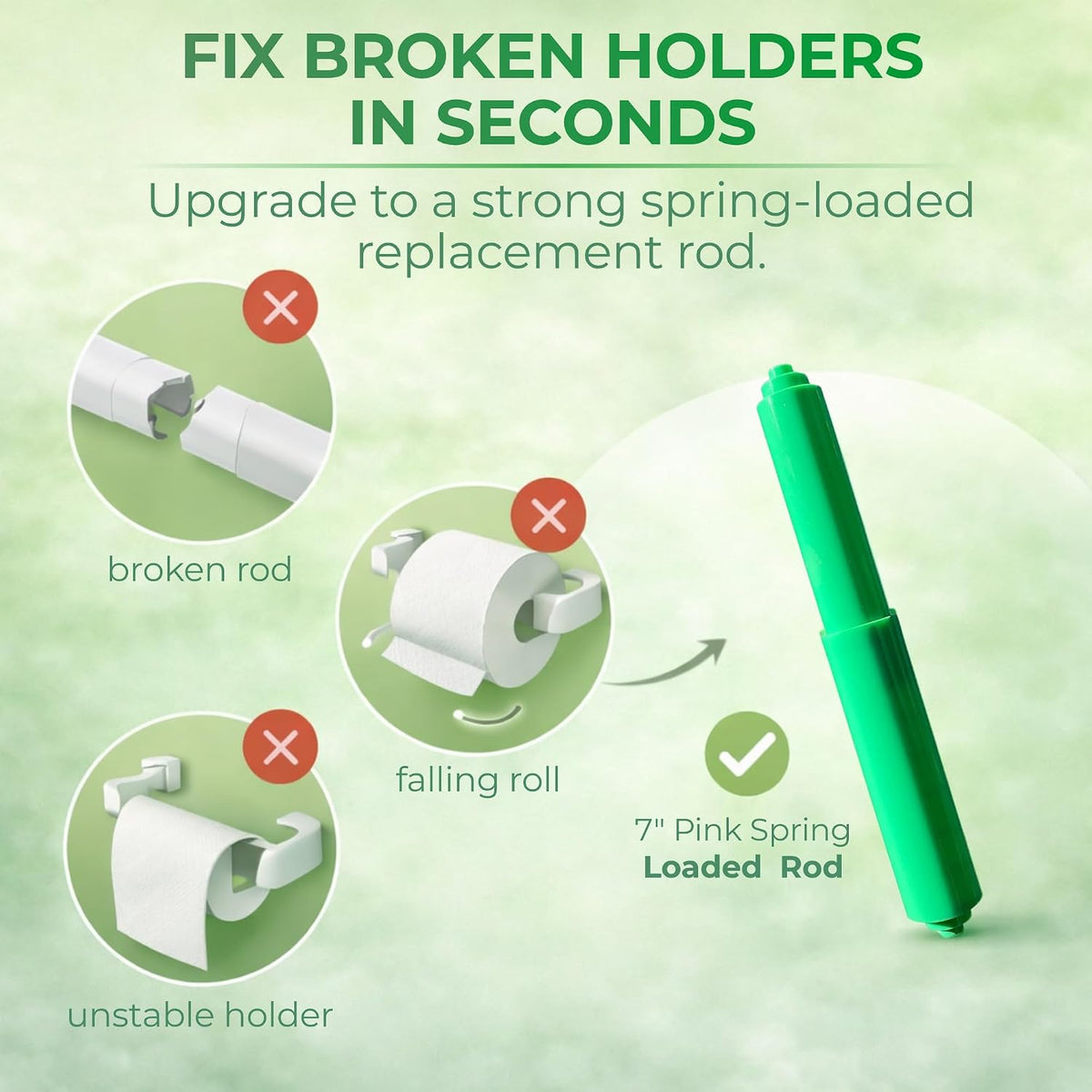 Green Spring-Loaded Toilet Paper Rod 7" Bathroom Tissue Holder