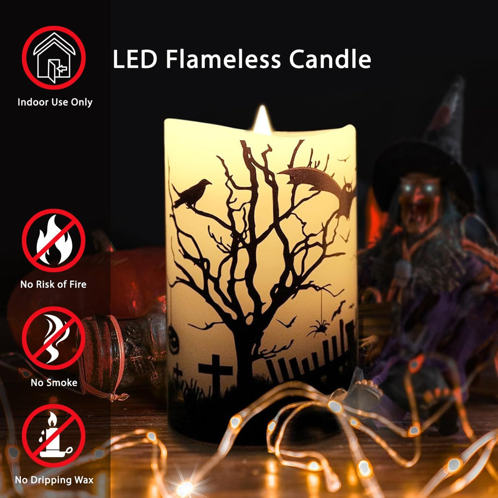 Halloween Flameless LED Candles with Remote Control, 3"x 5"Battery Operated Pillar Real Wax with Timer for Halloween Decorations, Ghost House Candle