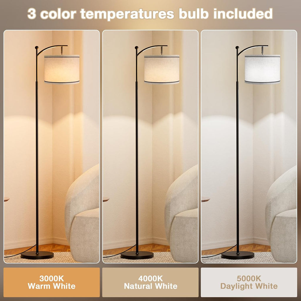 Ambimall 60" Floor Lamp for Living Room with 3 Color Temperatures, Beige Lampshade with Black Stripes, Tall Lamp for Bedroom Office, 9W Bulb Included