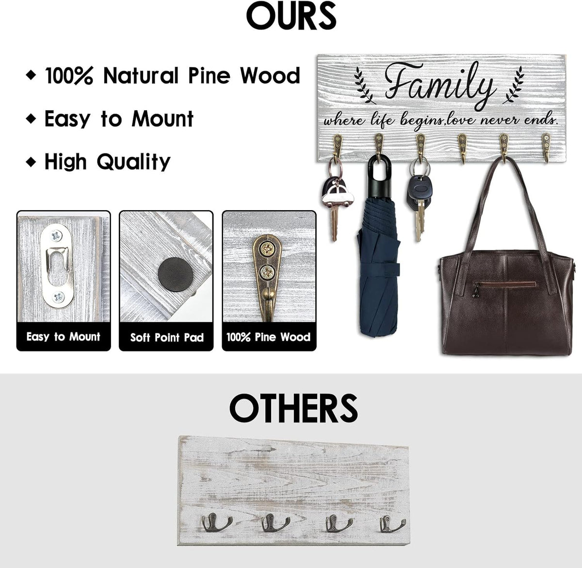 AHYS Key Holder Wall Mount Family Wall Decor Wooden Key Rack Hanger with 6 Hooks for Farmhouse Home Entryway Living Room Decor - Light Grey