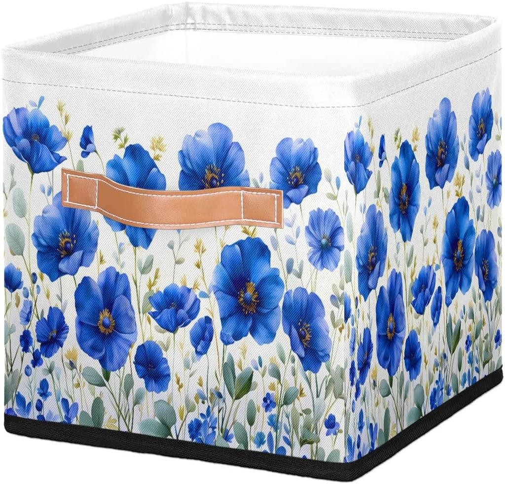 11 Inch Fabric Storage Cube with Handles, Navy Blue Flower Collapsible Storage Basket for Shelves, Square Storage Bin Canvas Closet Organizer for Decor