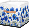 11 Inch Fabric Storage Cube with Handles, Navy Blue Flower Collapsible Storage Basket for Shelves, Square Storage Bin Canvas Closet Organizer for Decor