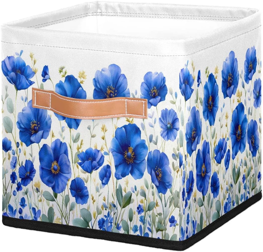 11 Inch Fabric Storage Cube with Handles, Navy Blue Flower Collapsible Storage Basket for Shelves, Square Storage Bin Canvas Closet Organizer for Decor