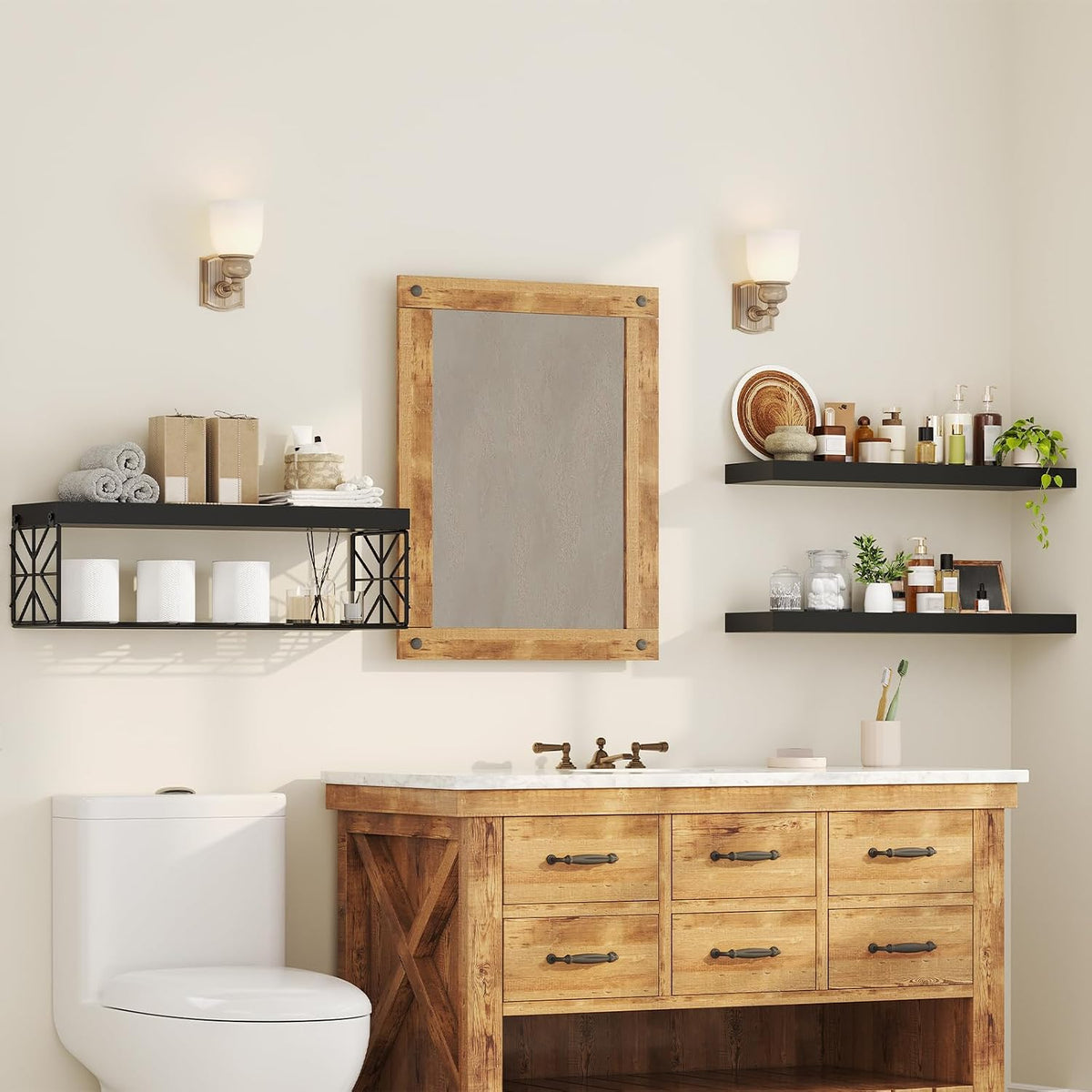 RALGEND Floating Shelves for Wall, 23.6" Bathroom Shelves Over Toilet Set of 3, 1.5" Thick Hanging Wall Mounted Shelf Storage, Farmhouse Home Decor for Bedroom, Living Room, Kitchen, Black 6001BJBB