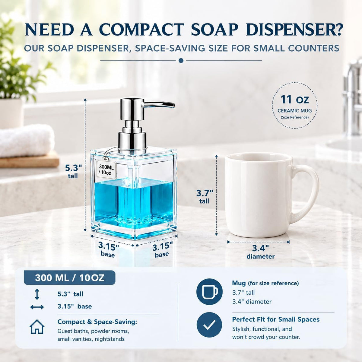 LGURT 300ml Clear Acrylic Soap Dispenser — Compact Pump for Hand Soap