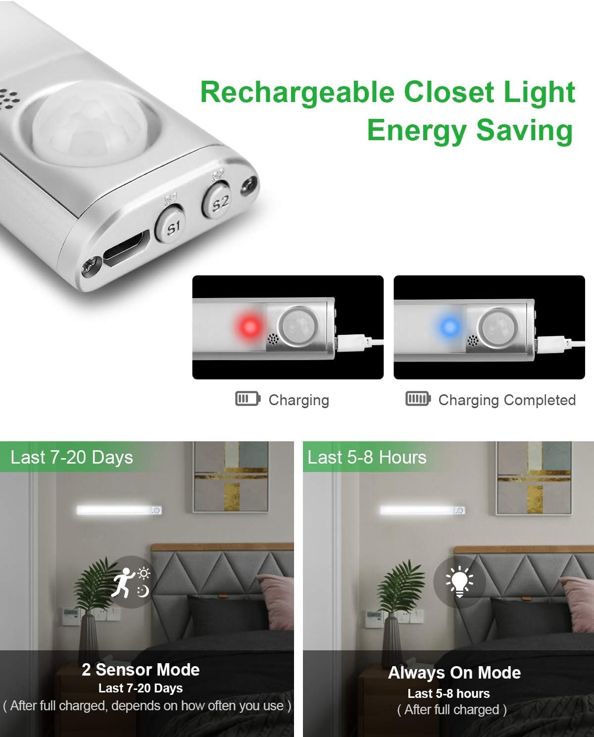 Under Cabinet Lighting, 80 LED Motion Sensor Light Indoor, Rechargeable Closet Light, 3 Color Temps Under Cabinet Lights, Wireless Dimmable Under Counter Lights For Kitchen, Pantry (2 Pack)