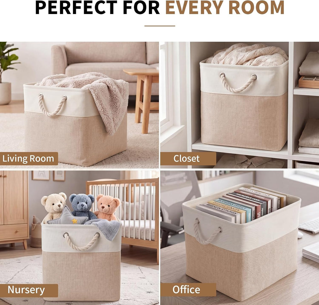 13×15×13 Inch 6 Pack Foldable Fabric Storage Basket with Handles,Extra Large Storage Basket,Decorative Storage Basket for Organizing Clothes, Toys, Books(White&Beige)