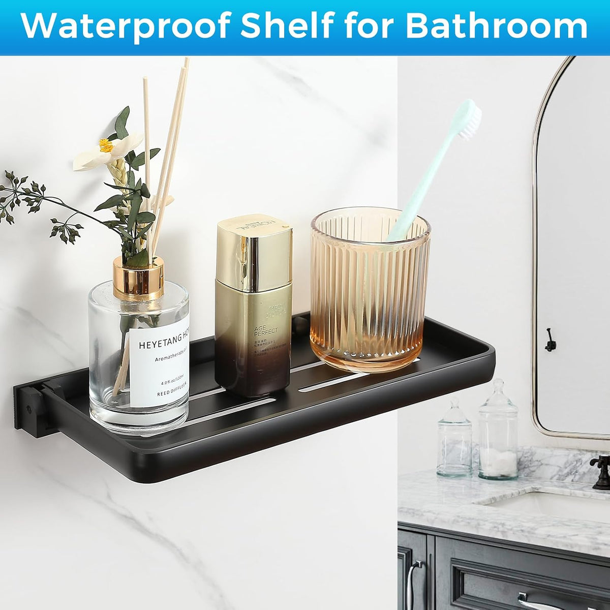 Small Folding Wall Shelf for Bathroom & RV - 90° Fold Up and Waterproof, Small Floating Metal Shelf for Laundry Room, Toilet Room & Sink Side, Aluminum, Save Space (2-Pack, Black)