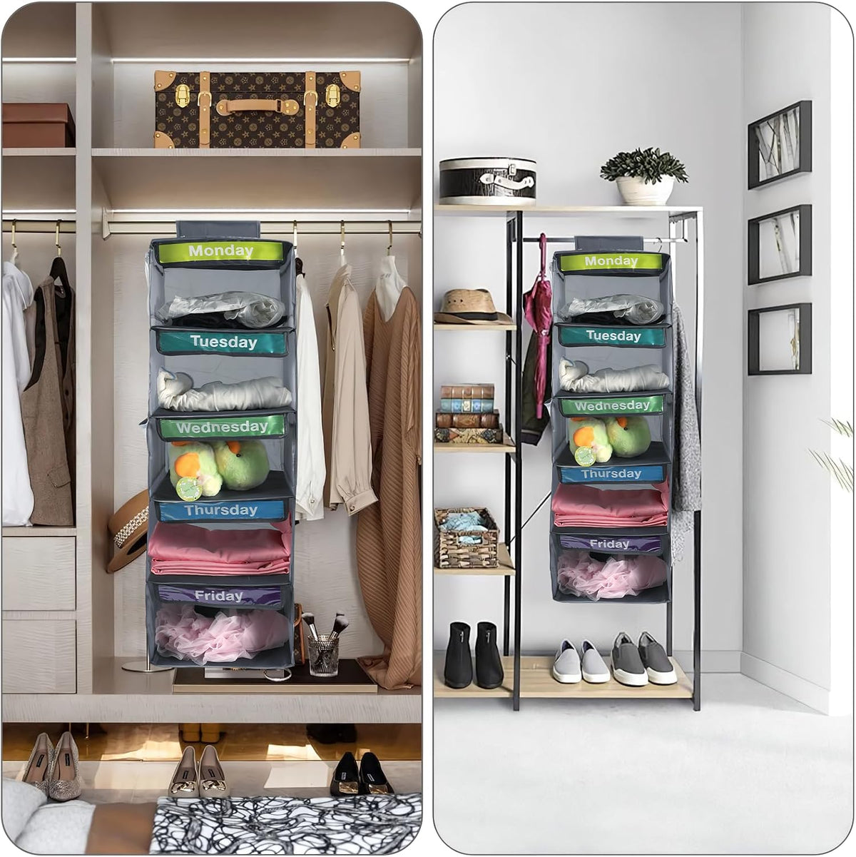 Weekly Clothes Organizer for Kids,Day of The Week Clothes Organizer,5-Shelf Hanging Closet Shelves,School Cloth Organizer Day of Week,Dorm Room Essential Daily Shelf Hanging Closet Organizer