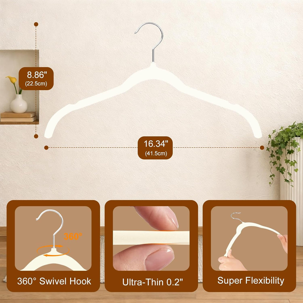 Velvet Shirt Hangers 50 Pack, No Shoulder Bumps for Clothes (White)