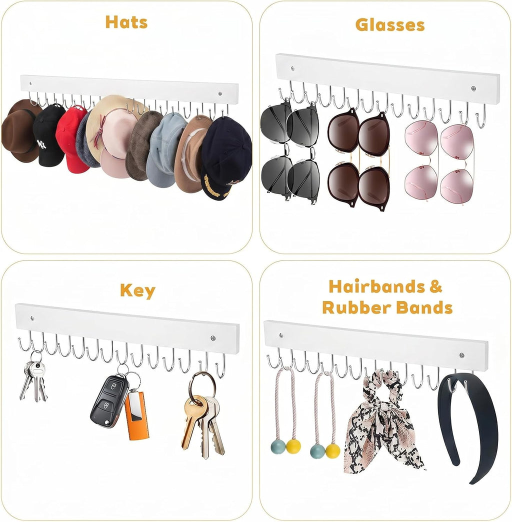 4 Pack Necklace Holder Wall Mount, Tangle-Free Wall Necklace Organizer with 14 Hooks, Wooden Jewelry Hanger, for Chains, Bracelets, Earrings, White