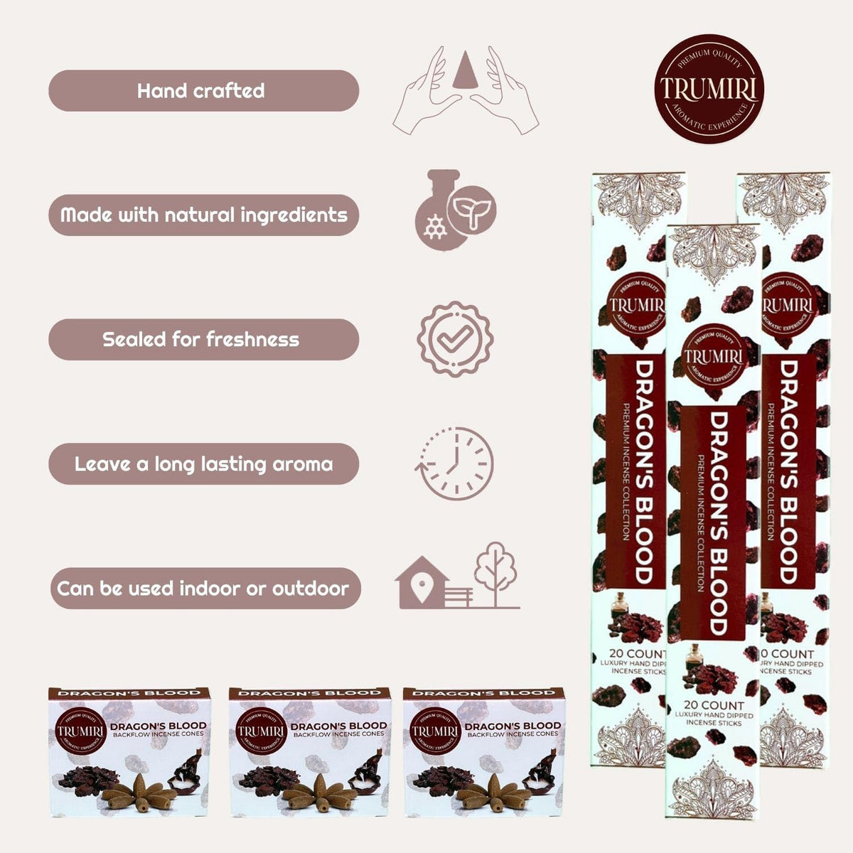 Dragons Blood Incense Sticks & Backflow Cones for Waterfall - 60 Sticks + 30 Cones - Waterfall Incense Combo Pack