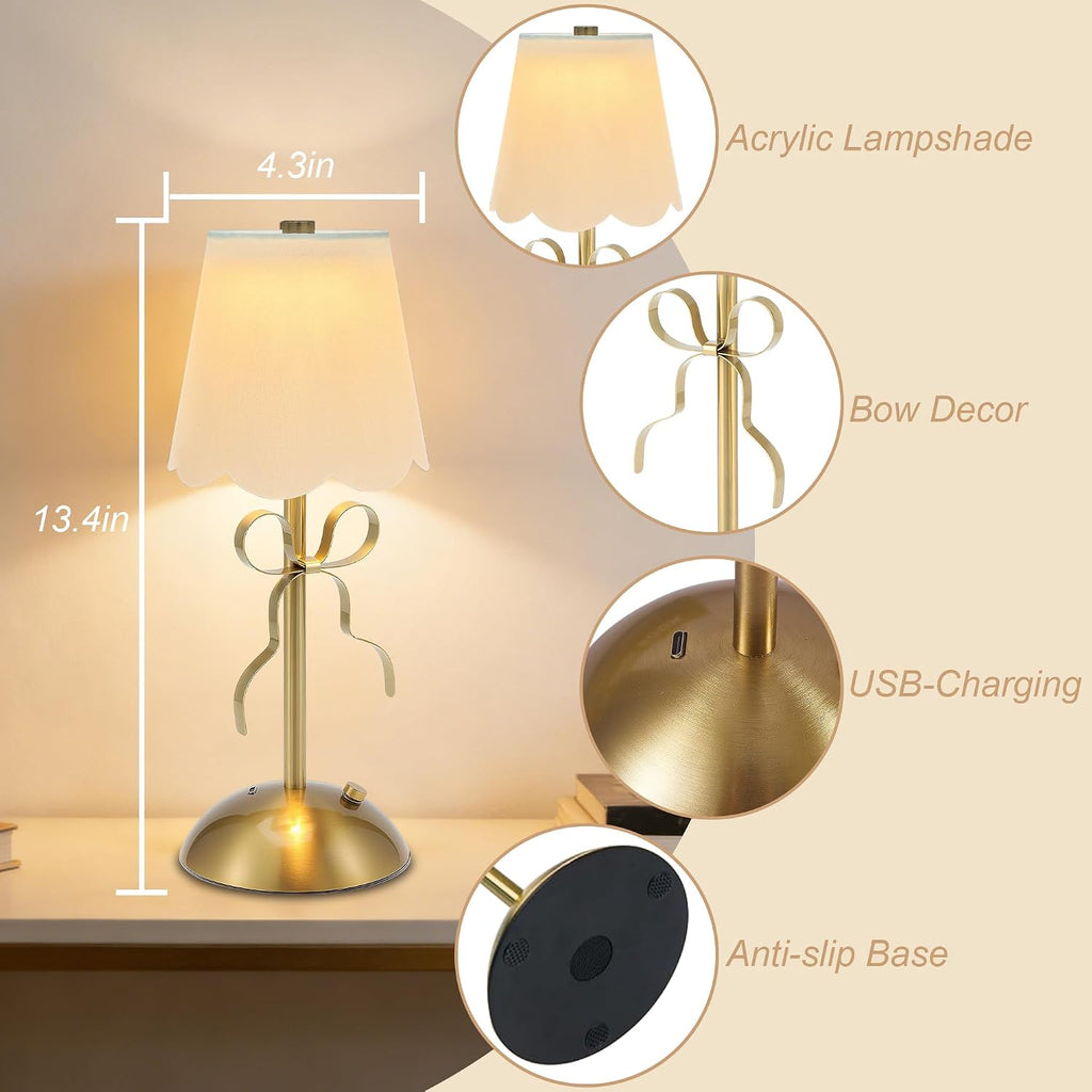 Cordless Small Table Lamp,Cute LED Desk Lamp,Gold Bow Lamp