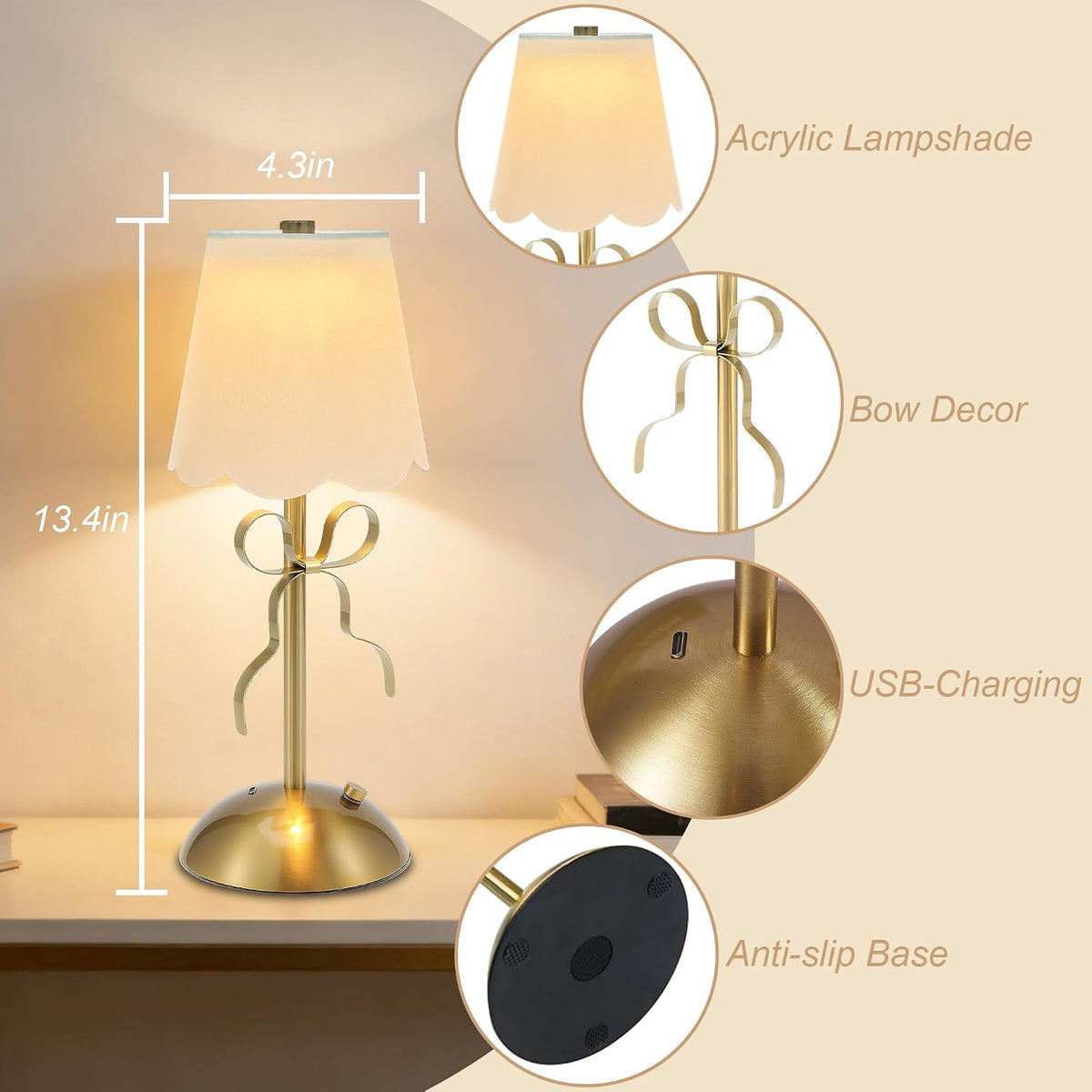 Cordless Small Table Lamp,Cute LED Desk Lamp,Gold Bow Lamp