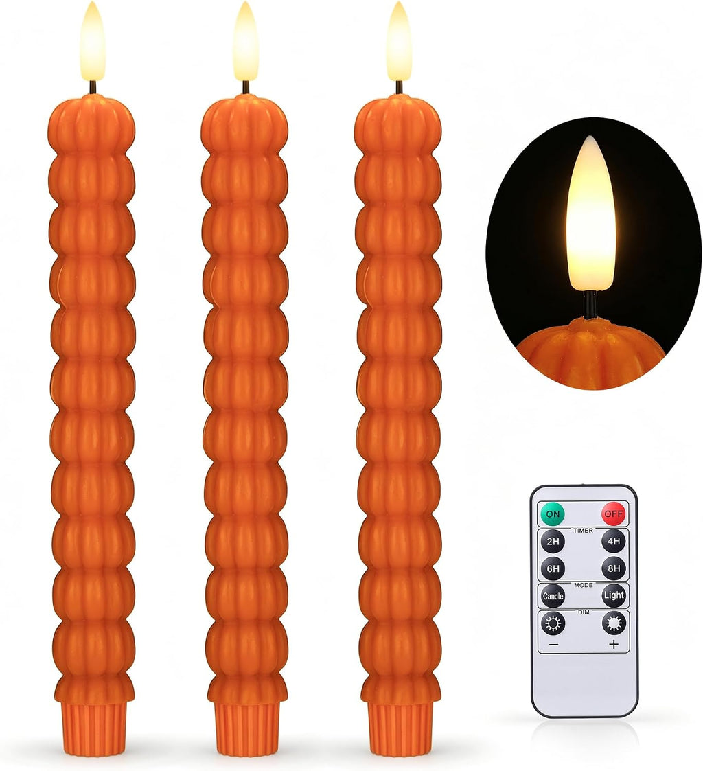 Pumpkin Taper Candles, Fall Flameless Candles, Halloween, Orange, Set of 3