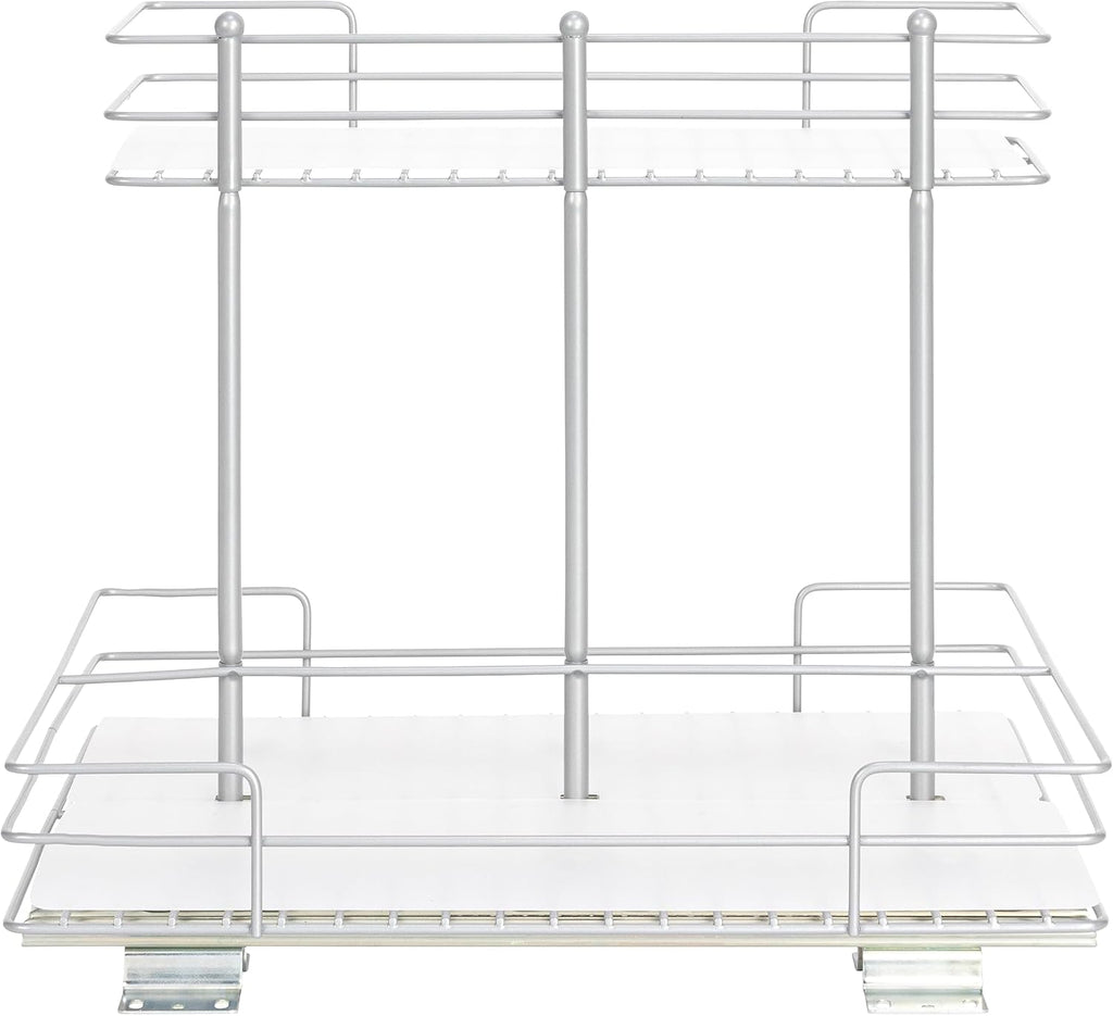 Household Essentials Glidez Steel Pull-Out/Slide-Out Storage Organizer with Plastic Liners for Under Sink or Wire Shelf Use - 2-Tier Design - Fits Standard Size Cabinet or Shelf, Brushed Silver