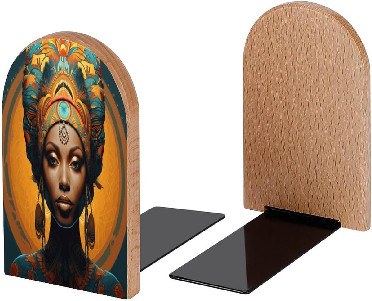 Book Ends African Woman Portrait Mandala Wood Bookends for Shelves to Hold Books Heavy Duty Non-Skid Book Stoppers Wood Decorative Home Office School