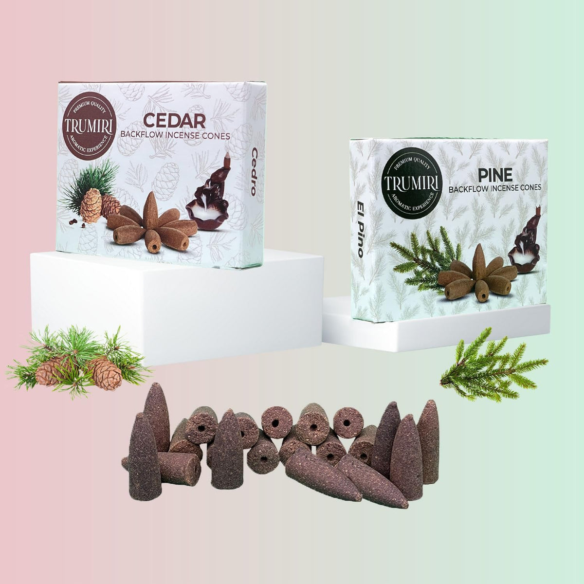 TRUMIRI Backflow Incense Cones - Combo Pack of 20 Incense Cones Waterfall - 10 Cedar + 10 Pine - Incense Backflow Cones - Waterfall Incense Cones - Incense Waterfall Cones