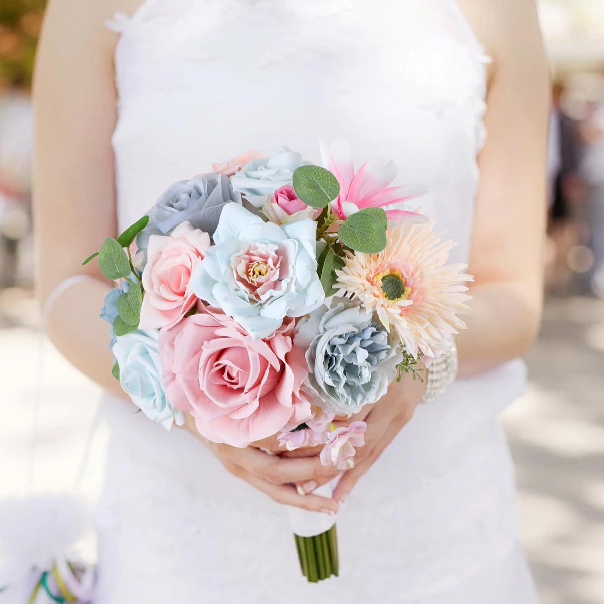 Blue Pink Artificial Flowers Combo, Roses Fake Flowers with Stems Wedding Pastel Flowers for Decorations DIY Bouquets Centerpieces Floral Arrangements Decor
