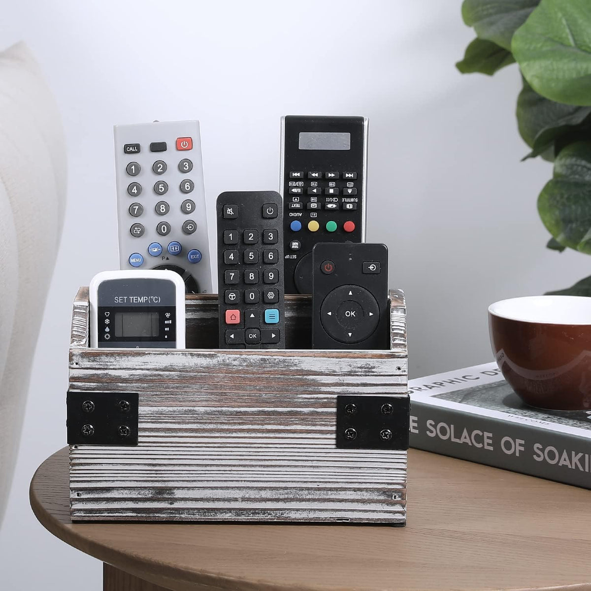MyGift Remote Control Organizer Caddy, 2-Compartment Torched Wood & Metal