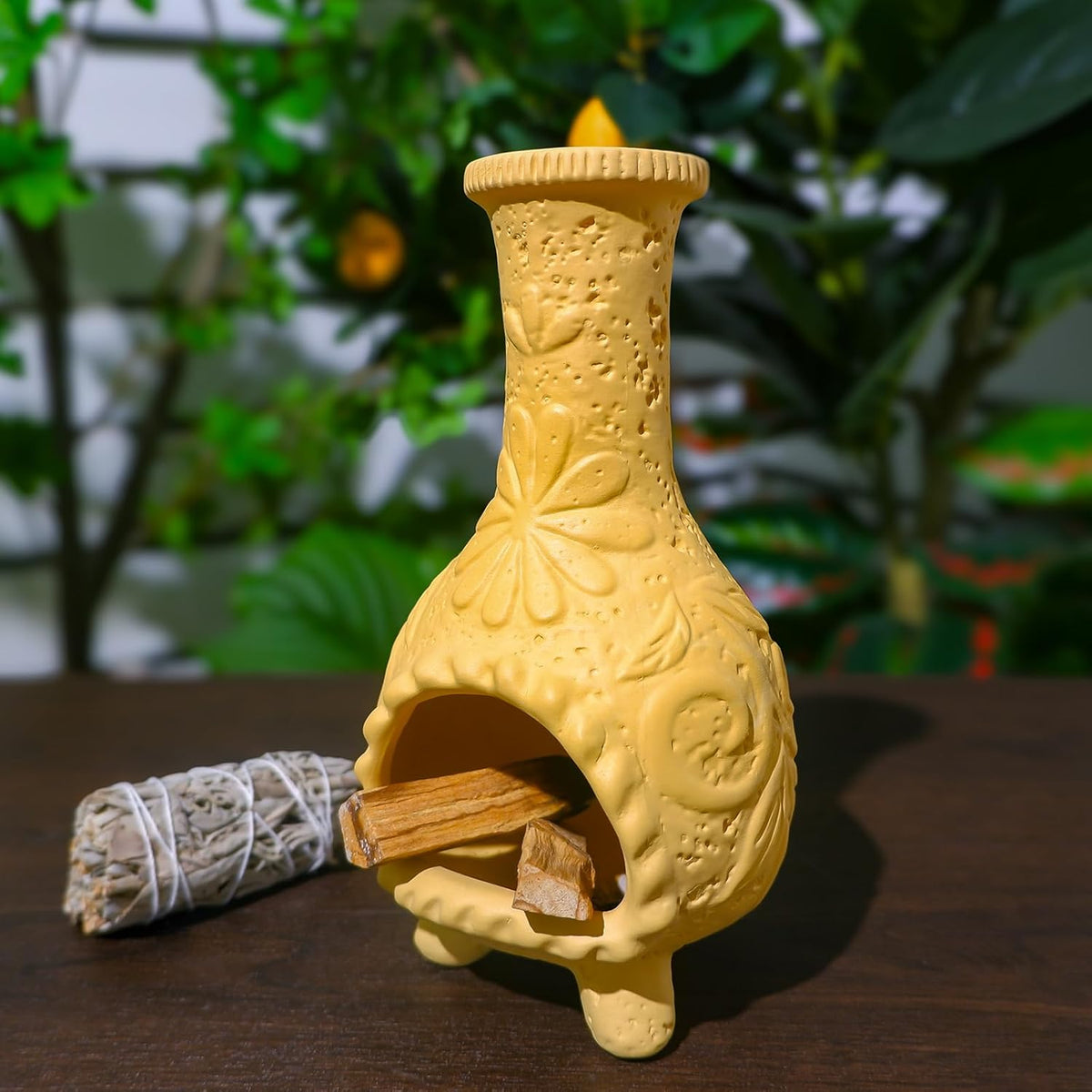 Yellow Floral Palo Santo Chiminea,Smudge Stick-Incense Cones Burner Holder