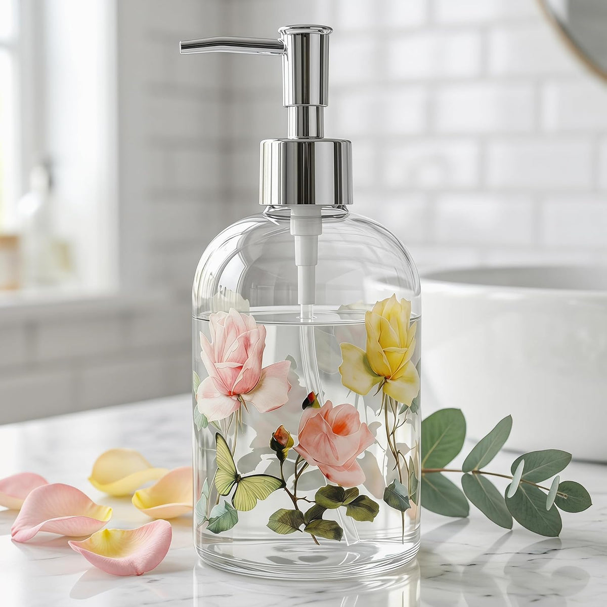 Topadorn 2 Pack 17oz Glass Soap Dispensers, Floral Refillable Pump Bottles