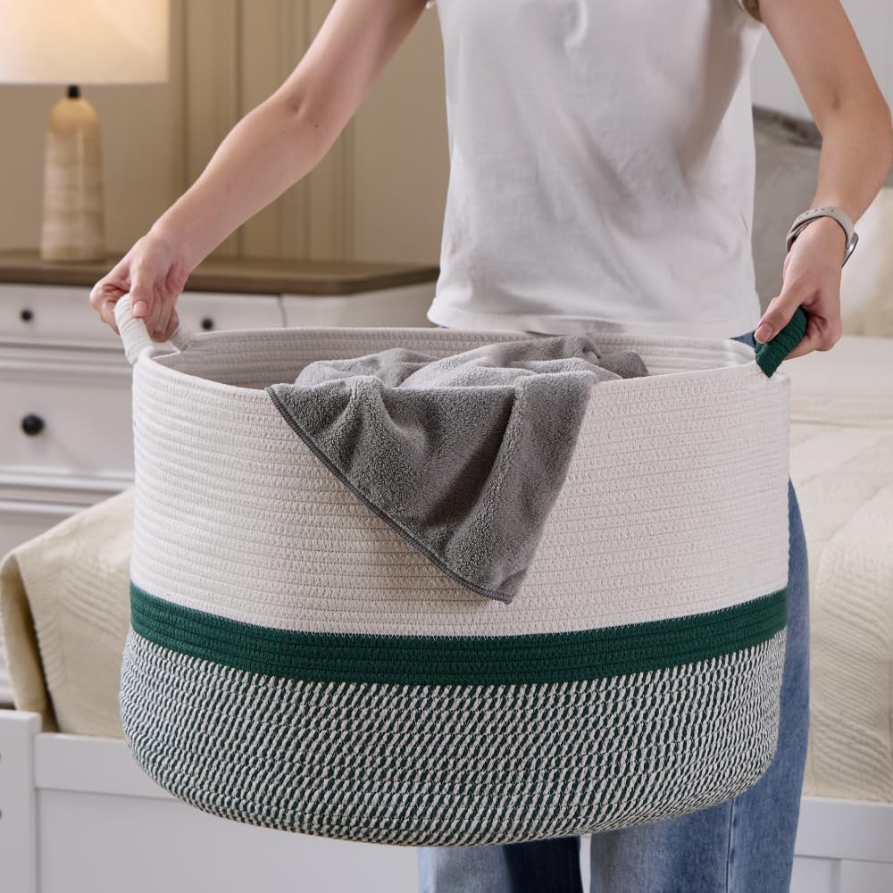 Luxury Little Extra Large Nursery Storage Basket, 20 x 20 x 13.8 inches - 100% Cotton Rope Baskets with Handles, Blanket Basket for Toys, Blankets & Pillows (Green)