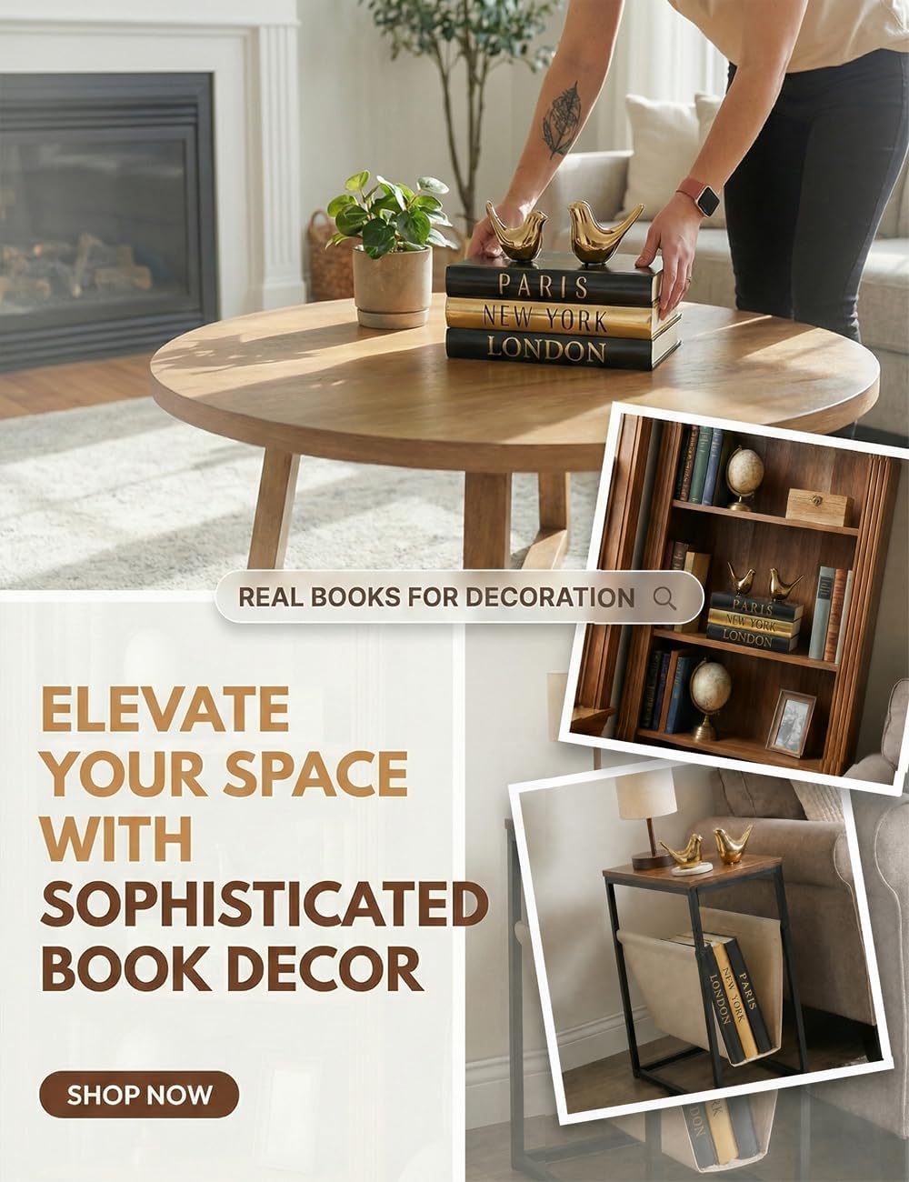Decorative Books for Home Decor & Coffee Table Book Decor - Set of 3 Real Hardcover Decorative Books (Paris, London, New York) with Gold Ceramic Birds - Modern Shelf Decoration