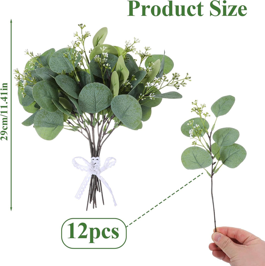 KALIONE 12 Pcs Artificial Silver Dollar Eucalyptus Leaves Picks Stems and Faux Branches with White Seeds, 11.4'' Decoration Greenery Stems Plants for Vase Bouquets, Flower Arrangement