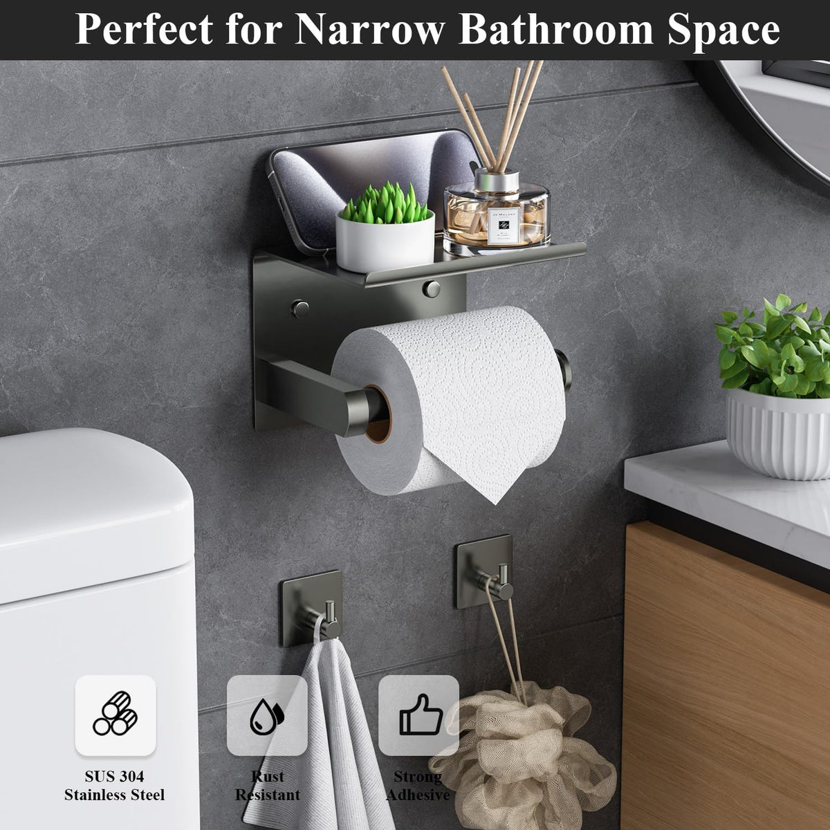 Tindbea Toilet Paper Holder with Phone Shelf + Towel Robe Hooks, Adhesive or Screw Wall Mounted Toilet Paper Roll Storage, Stainless Steel Bathroom Tissue Roll Holder (Polished Grey)
