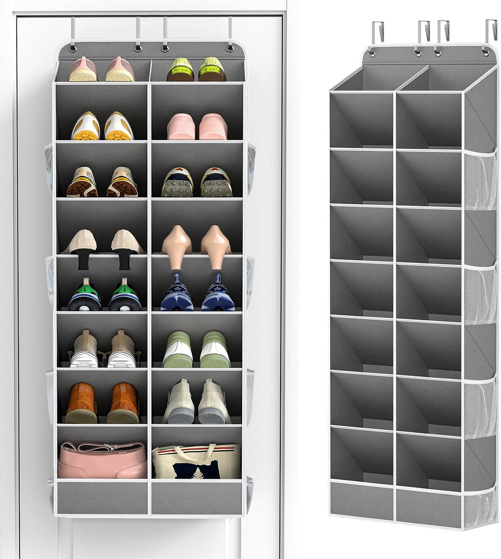 Yecaye 16-24 Pairs Over the Door Shoe Organizer, Large Capacity Hanging Shoe Rack for Door Hanger with Deep Pockets, 8 Tier Shoe Holder for Sneakers Boots Heels College Dorm Essentials, Grey