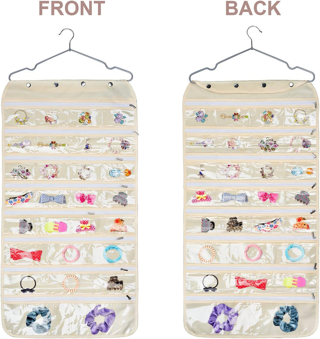 Beige Hanging Jewelry Organizer 56 Pockets for Necklaces Bracelets Storage