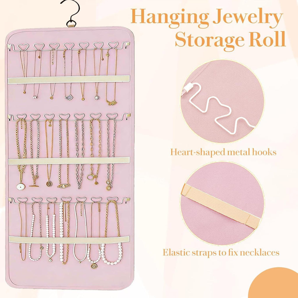 Hanging Jewelry Organizer Storage Roll with Hanger Metal Hooks Double-Sided Jewelry Holder for Earrings, Necklaces, Rings on Closet, Wall, Door,Large 14.17' x 33.07'',pink