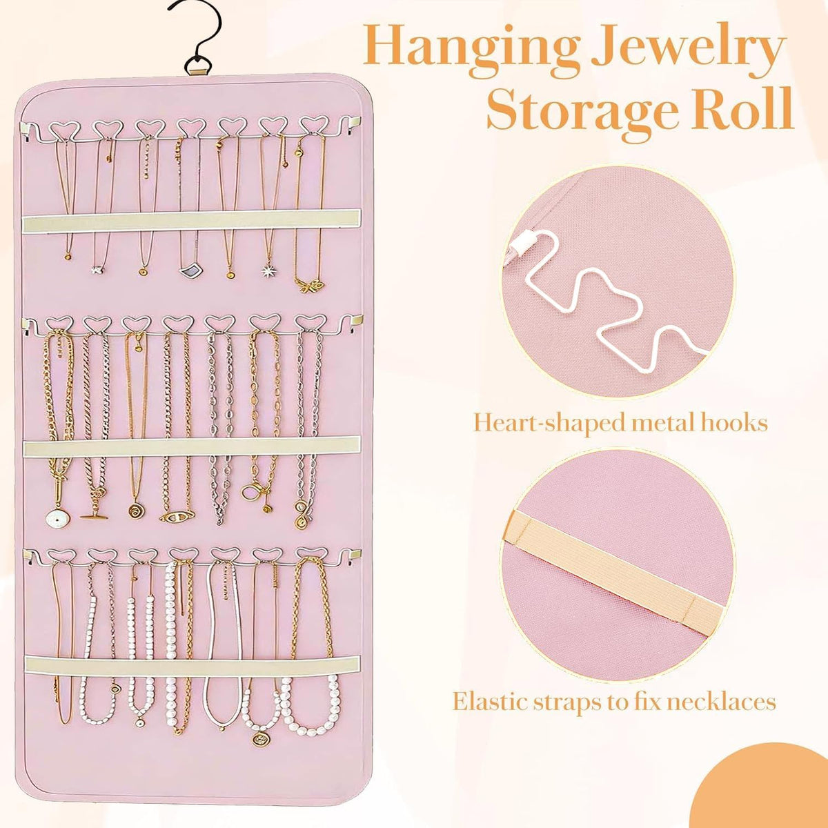 Hanging Jewelry Organizer Storage Roll with Hanger Metal Hooks Double-Sided Jewelry Holder for Earrings, Necklaces, Rings on Closet, Wall, Door,Large 14.17' x 33.07'',pink