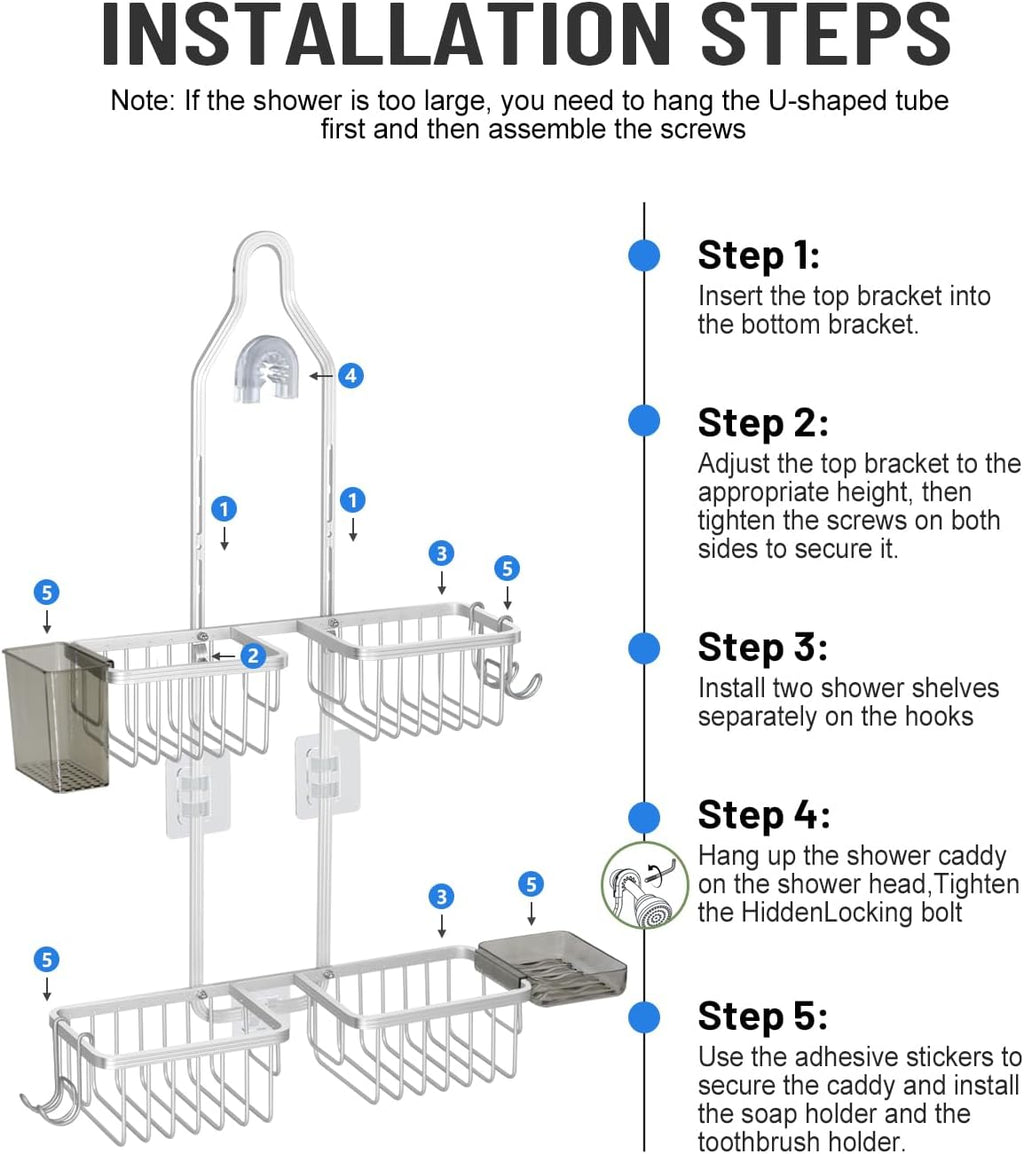Adjustable Shower Caddy Hanging for Handheld Showerheads - Never Rust Shower Hanging Organizer, Upgraded Bathroom Shower Rack with Soap Basket, Hooks and Toothbrush Holder (Silver)