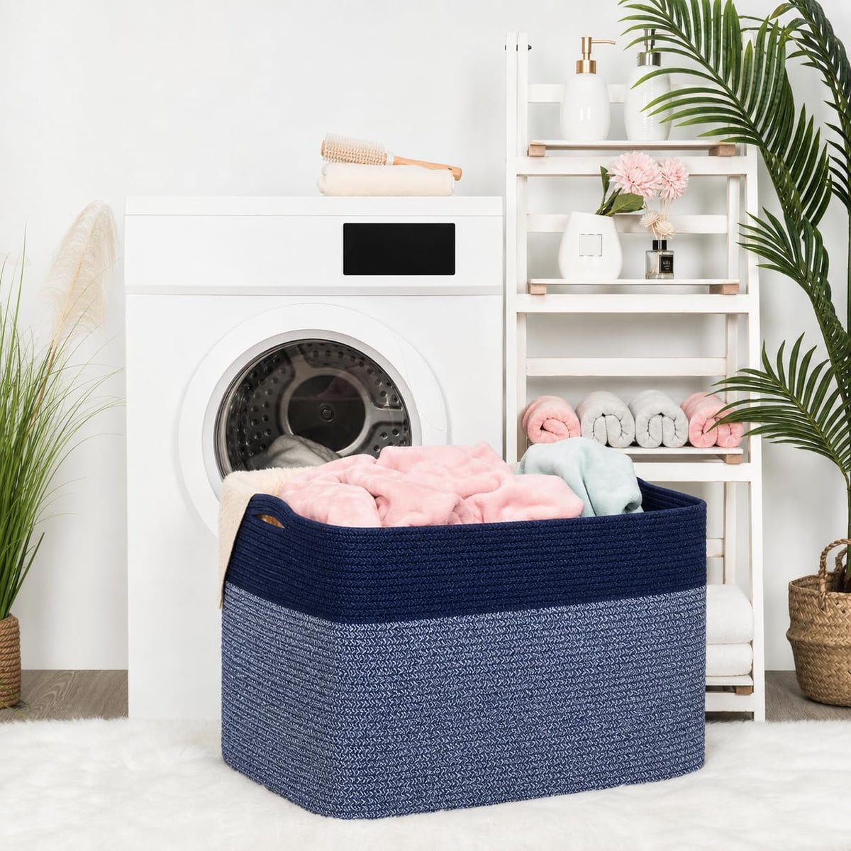 MINTWOOD Design 112L Extra Large Blanket Basket Holder Living Room, 25"x17"x16" Rectangle Rope Woven Storage Basket with Handles for Laundry, Towels, Shoes, Dog Toy Organizer Bin Box, Navy Blue