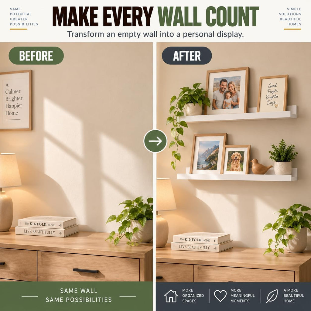 Greenco Picture Shelf, Set of 2 Wall Mounted Photo Ledge Floating Shelves for Bedroom, Living Room, Kitchen, Bathroom, Nursery Display, White Finish