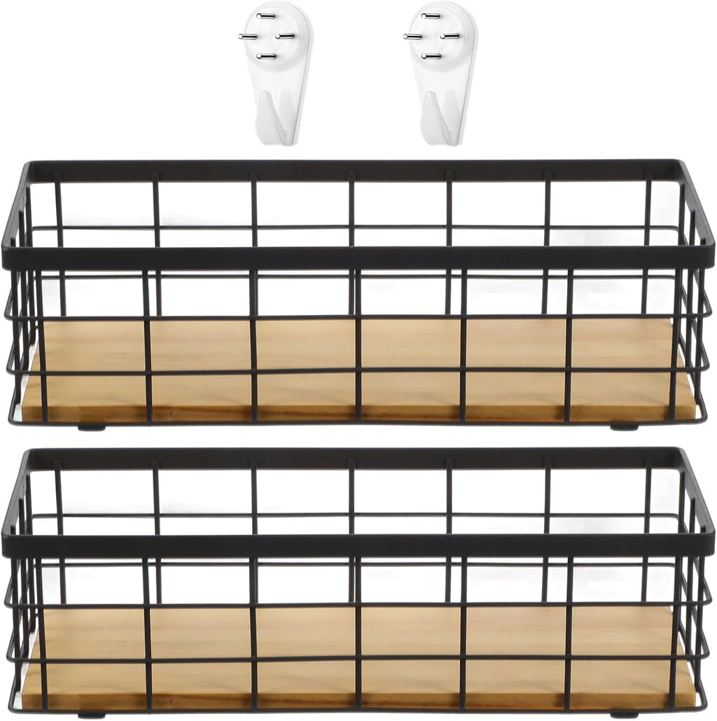 Set of 2 Small Wire Baskets, Narrow Black Metal Storage Bins for Bathroom Counter & Kitchen, Farmhouse Rustic Organizer Trays for Pantry, Office, RV, Countertop Decoration